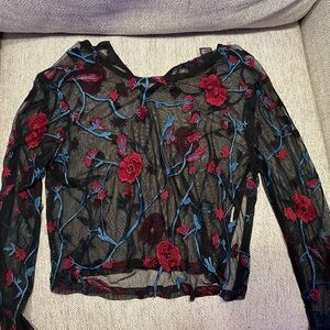 Floral Embroidered Sheer Black Top